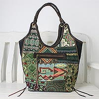 Leather accent cotton blend shoulder bag, 'Gorgeous Geometry in Green' - Handmade Patchwork Geometric Cotton Blend Shoulder Bag