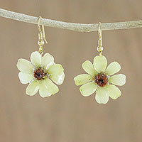 Natural zinnia dangle earrings, 'Yellow Summertime Zinnia'