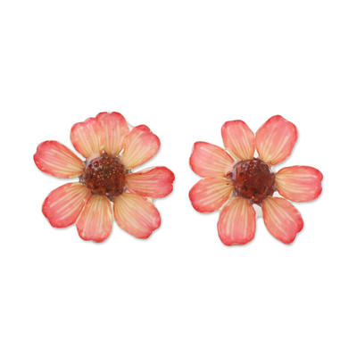 Resin Coated Natural Zinnia Button Earrings from Thailand