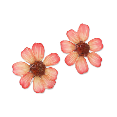 Natural zinnia button earrings, 'Red Summertime Zinnia' - Resin Coated Natural Zinnia Button Earrings from Thailand