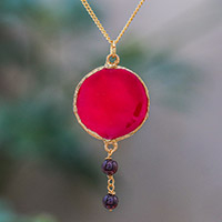 Garnet and gold-accented natural rose petal pendant necklace, 'Autumn Red Rose' - Garnet and Gold Plated Natural Rose Petal Pendant Necklace
