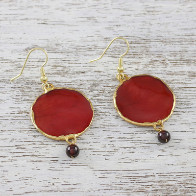 Garnet and gold-accented natural rose petal dangle earrings, 'Red Rose of Autumn' - Garnet and Gold Plated Natural Rose Petal Dangle Earrings