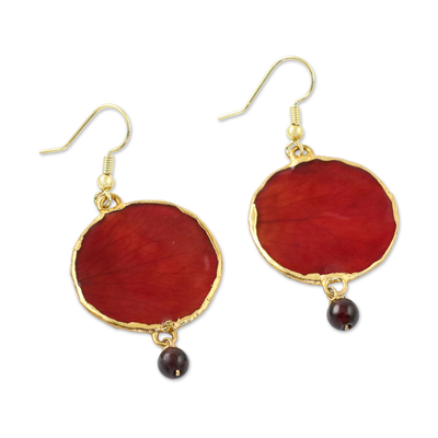 Garnet and gold-accented natural rose petal dangle earrings, 'Red Rose of Autumn' - Garnet and Gold Plated Natural Rose Petal Dangle Earrings