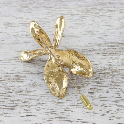 Gold-accented natural orchid stickpin, 'Chiang Mai Orchid' - Gold Plated Natural Orchid and Gold Plated Brass Stickpin
