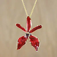 Gold accented natural orchid pendant necklace, 'Chiang Mai Grace'