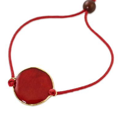 Gold-accented natural rose petal pendant bracelet, 'Crimson Delight' - Gold Accented Natural Rose Petal Waxed Cotton Cord Bracelet