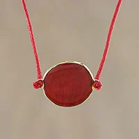 Gold-accented natural rose petal pendant necklace, 'Scarlet Delight'