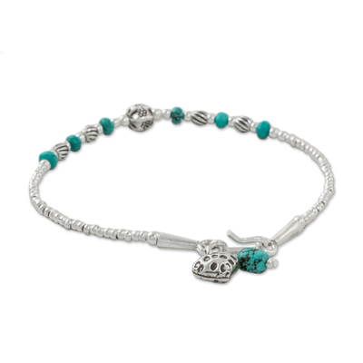 Silver beaded bracelet, 'Love of the Ocean' - Reconstituted Turquoise Beaded Bracelet from Thailand