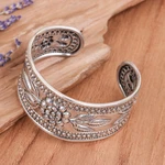 Sterling silver cuff bracelet, 'Pleasure in Paradise' - Handmade Sterling Silver Floral Cuff Bracelet from Thailand