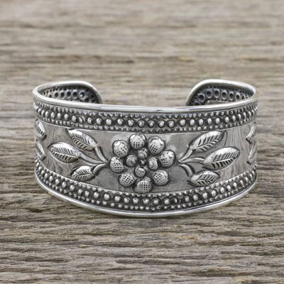 Sterling silver cuff bracelet, 'Pleasure in Paradise' - Handmade Sterling Silver Floral Cuff Bracelet from Thailand