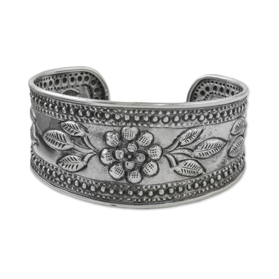 Sterling silver cuff bracelet, 'Pleasure in Paradise' - Handmade Sterling Silver Floral Cuff Bracelet from Thailand