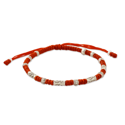 Silver beaded cord bracelet, 'The Balance' - Red Unisex 950 Karen Silver Cord Beaded Bracelet