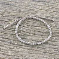 Silver beaded cord bracelet, 'Endeavor in Taupe' - Taupe Cord and 950 Silver Beaded Bracelet from Thailand