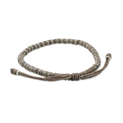 Silver beaded cord bracelet, 'Endeavor in Taupe' - Taupe Cord and 950 Silver Beaded Bracelet from Thailand