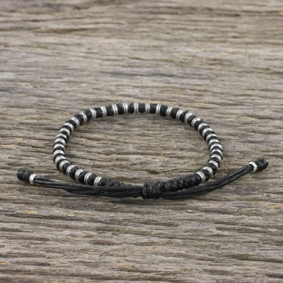 Silver beaded cord bracelet, 'Endeavor in Black' - Artisan Crafted Cord Bracelet with 950 Silver Beads