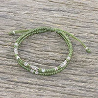 Silver beaded cord bracelet, 'Double Luck in Olive' - Handmade Olive Cord Bracelet with 950 Silver Beads