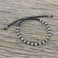 Silver beaded cord bracelet, 'Enterprise in Black' - Braided Black Cord Bracelet Handmade in Thailand