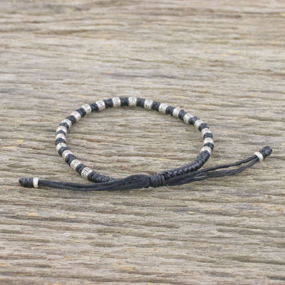 Silver beaded cord bracelet, 'Enterprise in Black' - Braided Black Cord Bracelet Handmade in Thailand