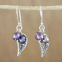 Cultured pearl dangle earrings, 'Lively Leaves in Grey'