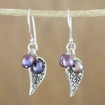 Cultured pearl dangle earrings, 'Lively Leaves in Grey' - Grey Cultured Pearl and Silver Leaf Earrings from Thailand