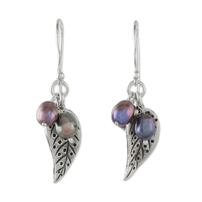Cultured pearl dangle earrings, 'Lively Leaves in Grey' - Grey Cultured Pearl and Silver Leaf Earrings from Thailand
