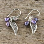 Cultured pearl dangle earrings, 'Lively Leaves in Grey' - Grey Cultured Pearl and Silver Leaf Earrings from Thailand