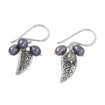 Cultured pearl dangle earrings, 'Lively Leaves in Grey' - Grey Cultured Pearl and Silver Leaf Earrings from Thailand