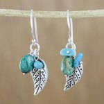 Silver dangle earrings, 'Lively Leaves' - Silver and Recon Turquoise Leaf Earrings from Thailand