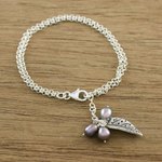 Cultured pearl charm bracelet, 'Lively Leaf in Grey' - Cultured Pearl Leaf Bracelet in Grey from Thailand