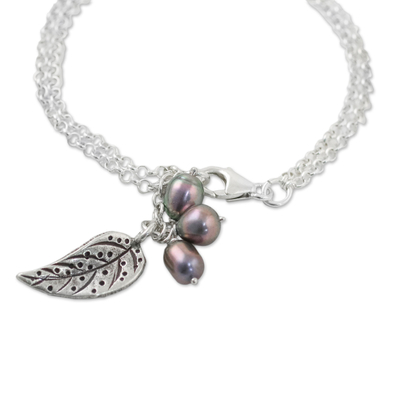 Cultured pearl charm bracelet, 'Lively Leaf in Grey' - Cultured Pearl Leaf Bracelet in Grey from Thailand