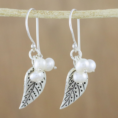 Cultured pearl dangle earrings, 'Lively Leaves in White' - Cultured Pearl Leaf Dangle Earrings in White from Thailand
