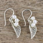 Cultured pearl dangle earrings, 'Lively Leaves in White' - Cultured Pearl Leaf Dangle Earrings in White from Thailand