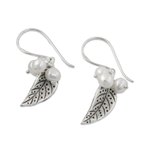 Cultured pearl dangle earrings, 'Lively Leaves in White' - Cultured Pearl Leaf Dangle Earrings in White from Thailand