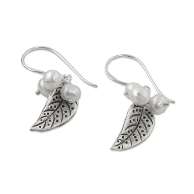 Cultured pearl dangle earrings, 'Lively Leaves in White' - Cultured Pearl Leaf Dangle Earrings in White from Thailand