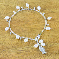 Cultured pearl charm bracelet, 'Gleaming Fish in White'