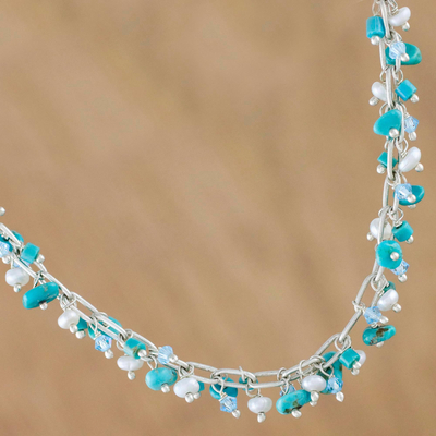 collar de perlas cultivadas - Collar de perlas cultivadas y turquesas reconstituidas