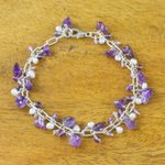 Amethyst and cultured pearl beaded bracelet, 'Violet Dream' - Amethyst and Cultured Pearl Beaded Bracelet from Thailand