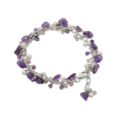 Amethyst and cultured pearl beaded bracelet, 'Violet Dream' - Amethyst and Cultured Pearl Beaded Bracelet from Thailand