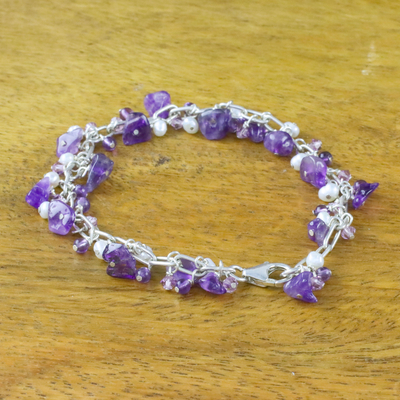 Amethyst and cultured pearl beaded bracelet, 'Violet Dream' - Amethyst and Cultured Pearl Beaded Bracelet from Thailand