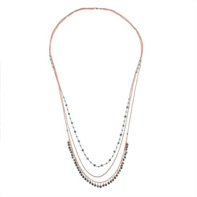 Long agate and copper necklace, 'Lampang Blues' - Long Multi-Strand Copper Necklace with Agate Beads