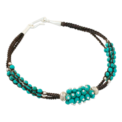 Silver beaded pendant bracelet, 'Aqua Hyacinth' - Calcite Beaded Pendant Bracelet from Thailand