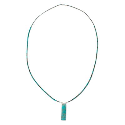 Long magnesite pendant necklace, 'Chao Phraya Currents' - Turquoise-Colored Beaded Pendant Necklace with 950 Silver
