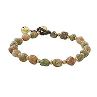 Unakite beaded bracelet, 'Natural Color' - Natural Unakite and Brass Beaded Bracelet from Thailand