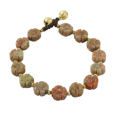 Unakite beaded bracelet, 'Floral Earth' - Floral Unakite and Brass Beaded Bracelet from Thailand
