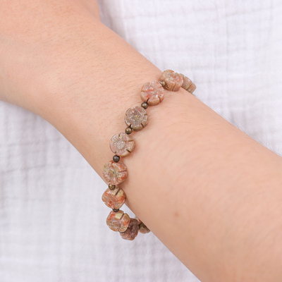 Unakite beaded bracelet, 'Floral Earth' - Floral Unakite and Brass Beaded Bracelet from Thailand