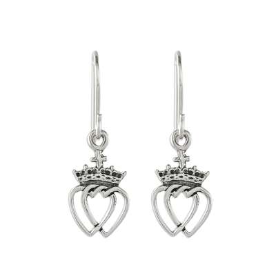 Thai Sterling Silver Dangle Earrings with Crowns and Hearts
