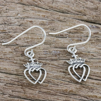 Sterling silver dangle earrings, 'Crowned Hearts' - Thai Sterling Silver Dangle Earrings with Crowns and Hearts