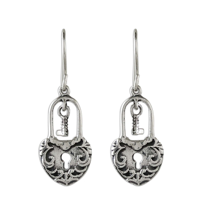 Thai Sterling Silver Heart Lock and Key Dangle Earrings