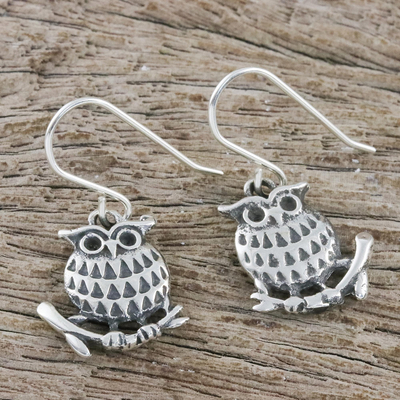 Sterling silver dangle earrings, 'Chiang Mai Owl' - Sterling Silver Perched Owl Dangle Earrings from Thailand