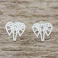 Sterling silver stud earrings, 'Elephant Illusion' - Elephant Stud Earrings Crafted from Brushed Sterling Silver